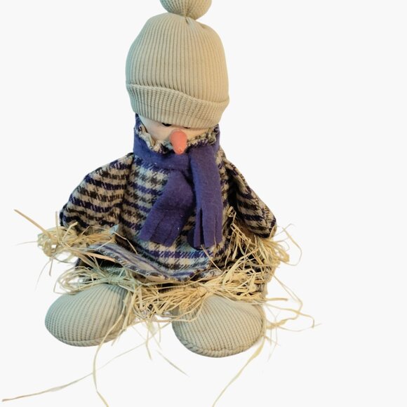 Snowman Doll Purple Plaid Coat Scarf Hat Shelf Sitter Handmade Fabric - Picture 2 of 9